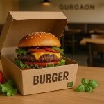 A gourmet burger in a kraft paper eco-friendly box with a restaurant setting in Gurgaon in the background. The box features minimal branding and eco-labels, sitting on a wooden table with fresh ingredients nearby.