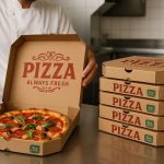 Branded pizza boxes in a restaurant kitchen with a chef placing a fresh pizza into one, showcasing custom packaging by a supplier in Faridabad and Delhi