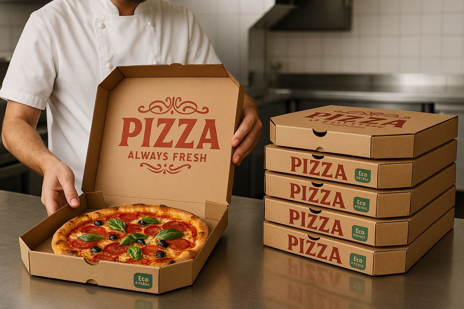 Branded pizza boxes in a restaurant kitchen with a chef placing a fresh pizza into one, showcasing custom packaging by a supplier in Faridabad and Delhi