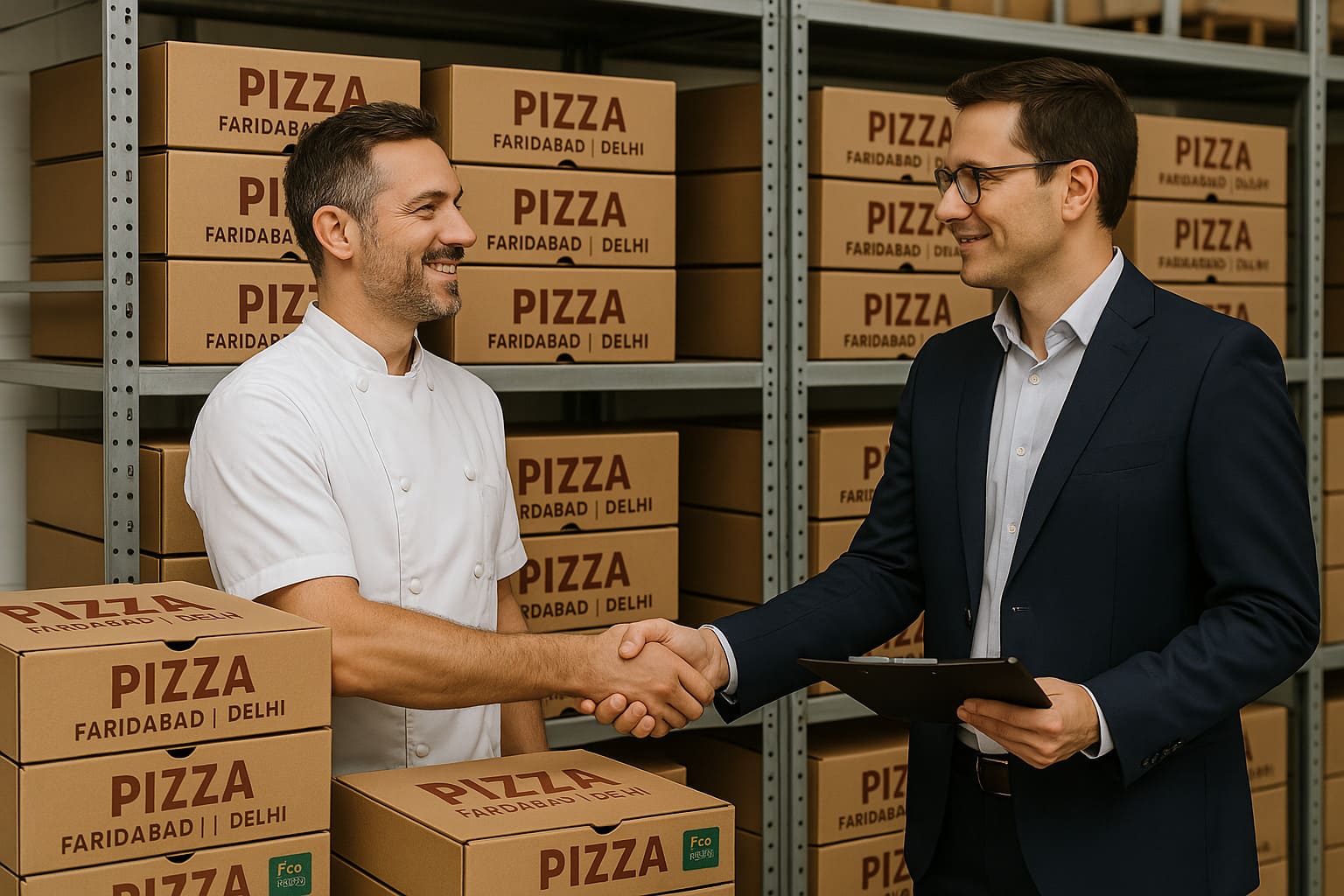 A pizza restaurant owner shaking hands with a local packaging supplier in a warehouse full of neatly stacked custom pizza boxes labeled ‘Faridabad | Delhi.’ Bright lighting, modern setting, and eco-friendly branding on boxes