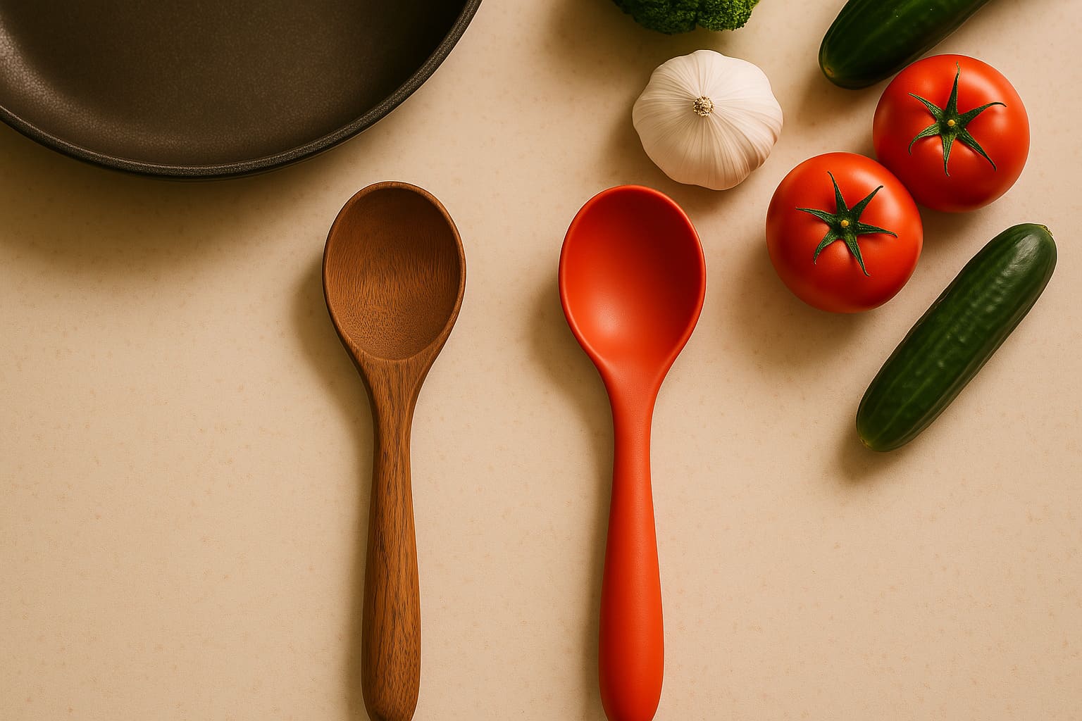 A top-down view of a modern kitchen countertop with a rustic wooden spoon and a colorful silicone spoon side by side. The background includes a nonstick frying pan, fresh vegetables, and a clean, minimal aesthetic. Warm lighting highlights the texture of the wood and the smooth finish of the silicone.