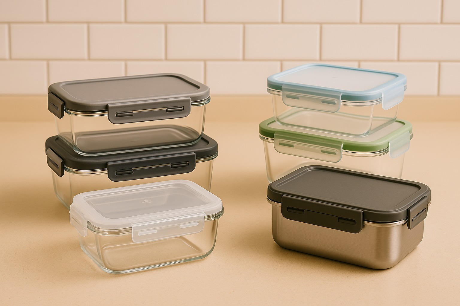 A variety of leak-proof food containers including glass, plastic, and stainless steel options with locking lids and silicone seals, displayed neatly in a modern kitchen setting.
