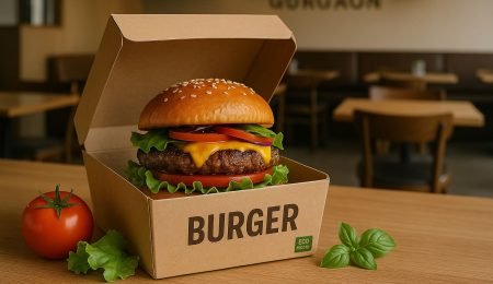 A gourmet burger in a kraft paper eco-friendly box with a restaurant setting in Gurgaon in the background. The box features minimal branding and eco-labels, sitting on a wooden table with fresh ingredients nearby.