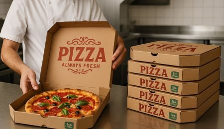 Branded pizza boxes in a restaurant kitchen with a chef placing a fresh pizza into one, showcasing custom packaging by a supplier in Faridabad and Delhi