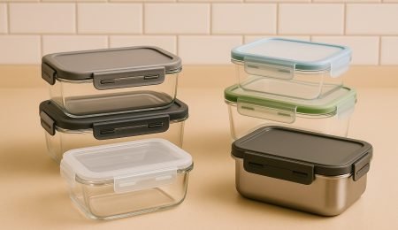 A variety of leak-proof food containers including glass, plastic, and stainless steel options with locking lids and silicone seals, displayed neatly in a modern kitchen setting.